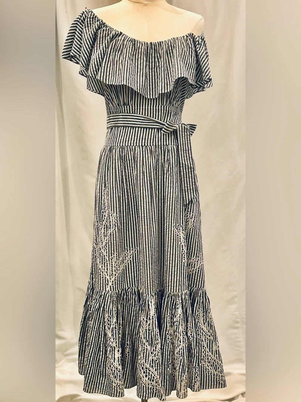 Tory Burch Gray & White Embroidered Cotton Midi Dress NWOT